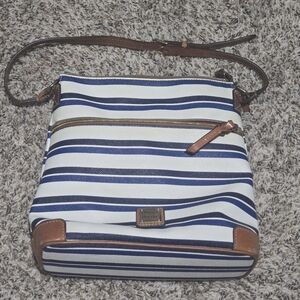 Dooney & Bourke Navy And White Striped Shoulder Bag with Brown Accents